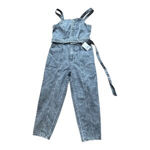 Universal Thread Denim Jumpsuit Washed Gray Belted Wide Leg Women Size 12